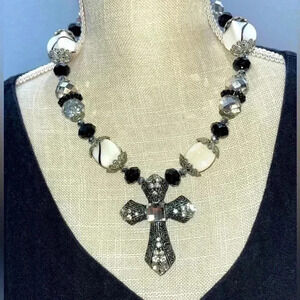 Cross necklace beaded rhinestone blingy, sparkly statement piece black white